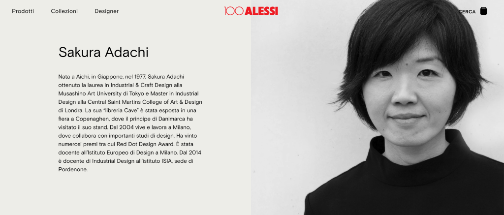 Screenshot Sakura Adachi dal website Alessi