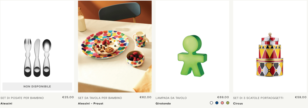 Screenshot regali prodotti bimbo Alessi